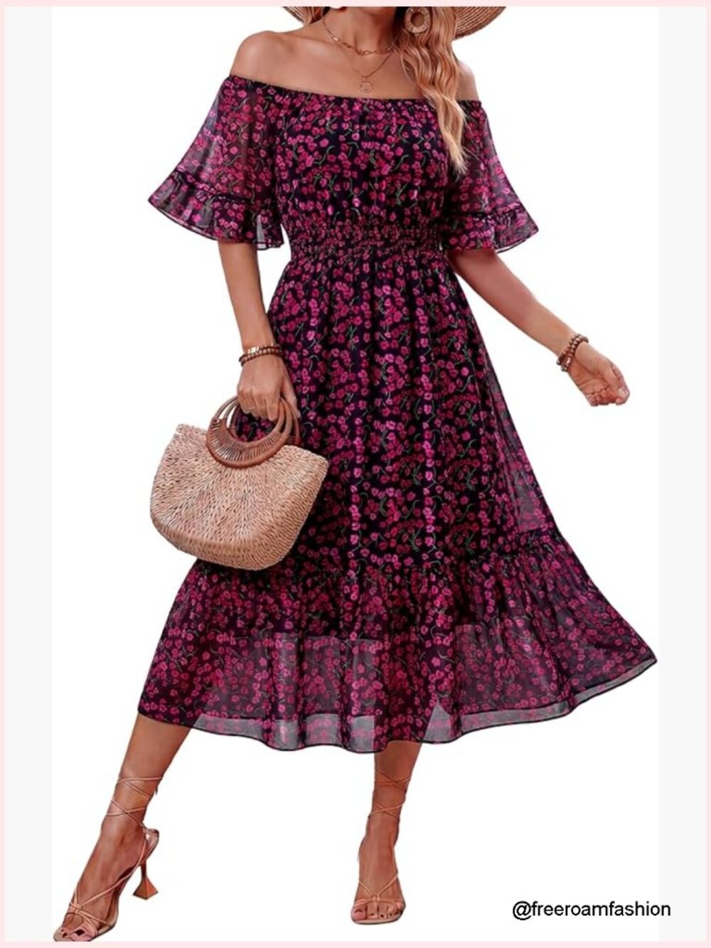 Boho Off Shoulder Midi Dress Ruffle Sleeve Smocked Waist Flowy Chiffon